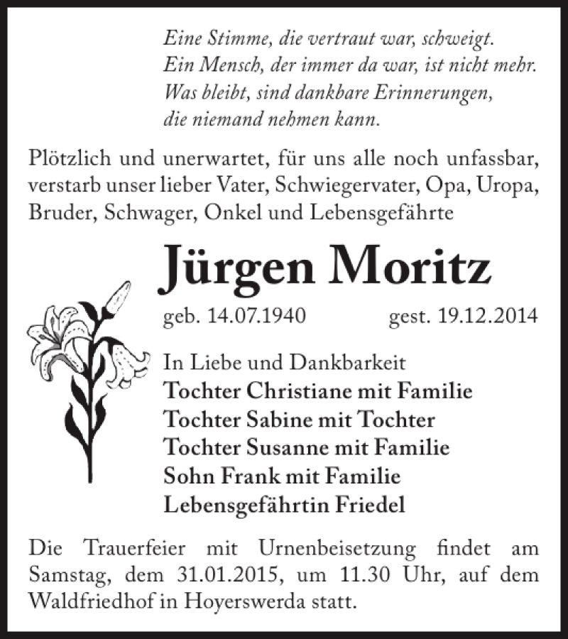  Traueranzeige für Jürgen Moritz vom 24.01.2015 aus WochenKurier