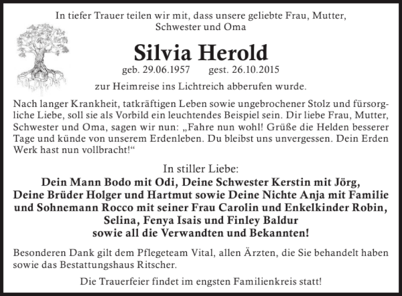  Traueranzeige für Silvia Herold vom 07.11.2015 aus Wochen Kurier