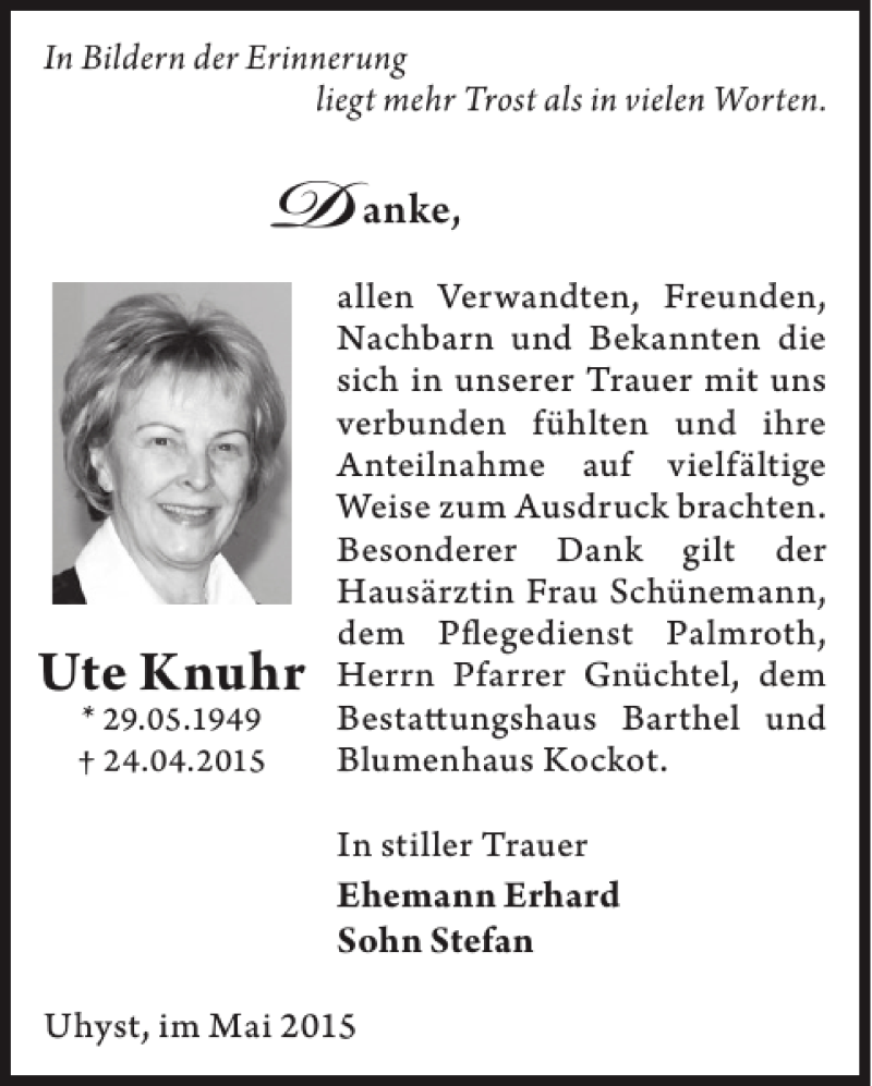  Traueranzeige für Ute Knuhr vom 30.05.2015 aus Wochen Kurier