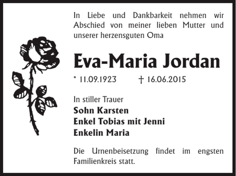  Traueranzeige für Eva-Maria Jordan vom 20.06.2015 aus WochenKurier