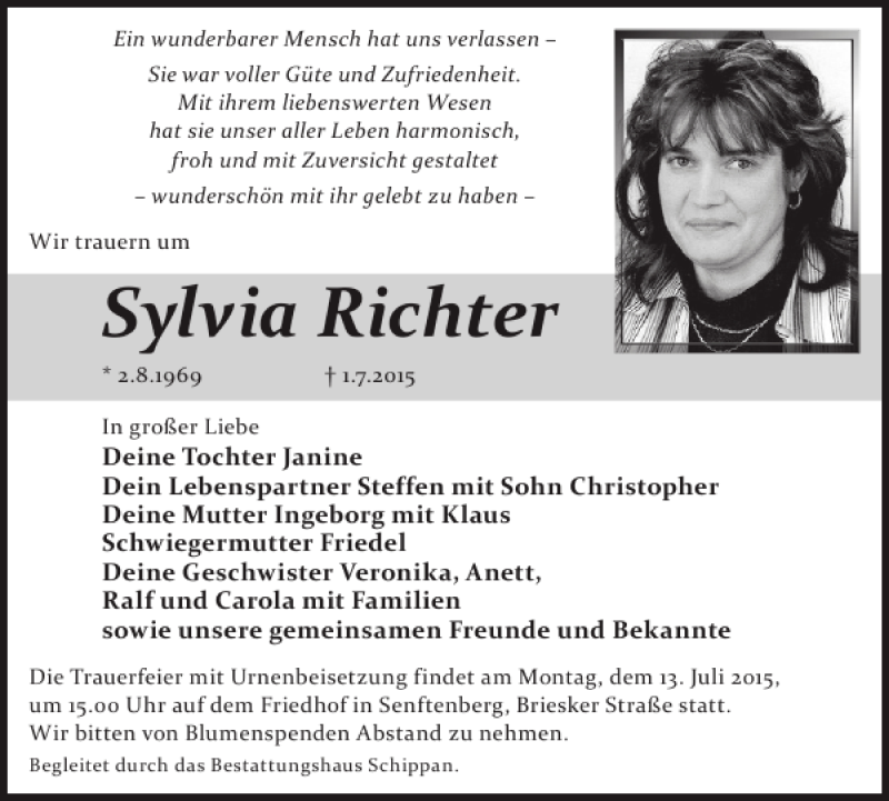  Traueranzeige für Sylvia Richter vom 08.07.2015 aus WochenKurier