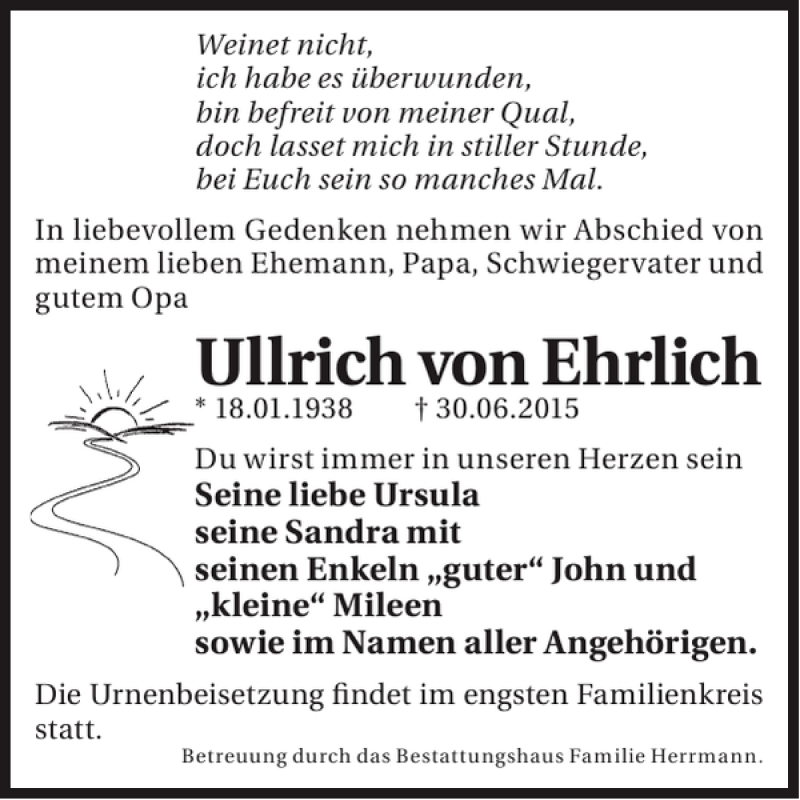 Traueranzeige für Ullrich von Ehrlich vom 08.07.2015 aus Wochen Kurier