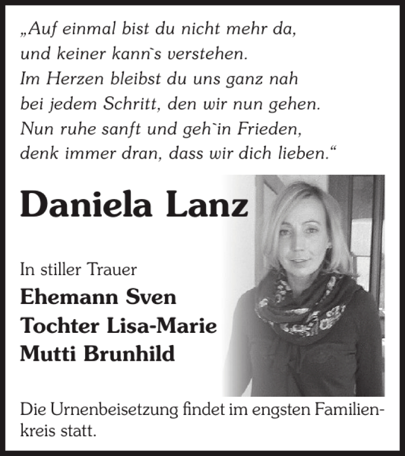  Traueranzeige für Daniela Lanz vom 19.09.2015 aus WochenKurier