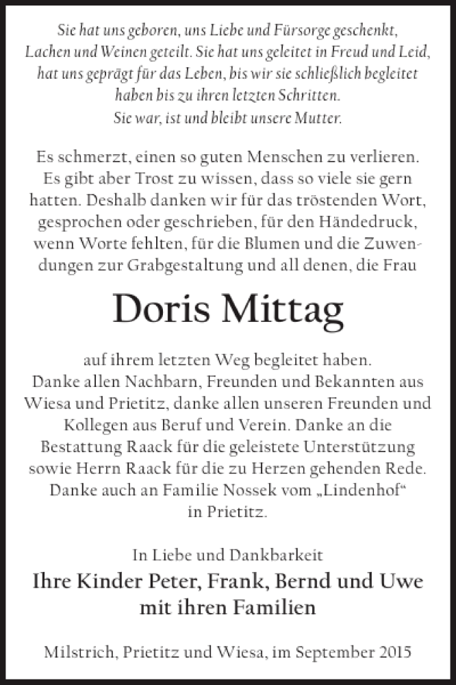  Traueranzeige für Doris Mittag vom 12.09.2015 aus WochenKurier