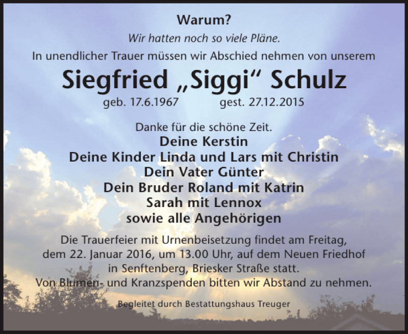  Traueranzeige für Siegfried Siggi Schulz vom 13.01.2016 aus WochenKurier