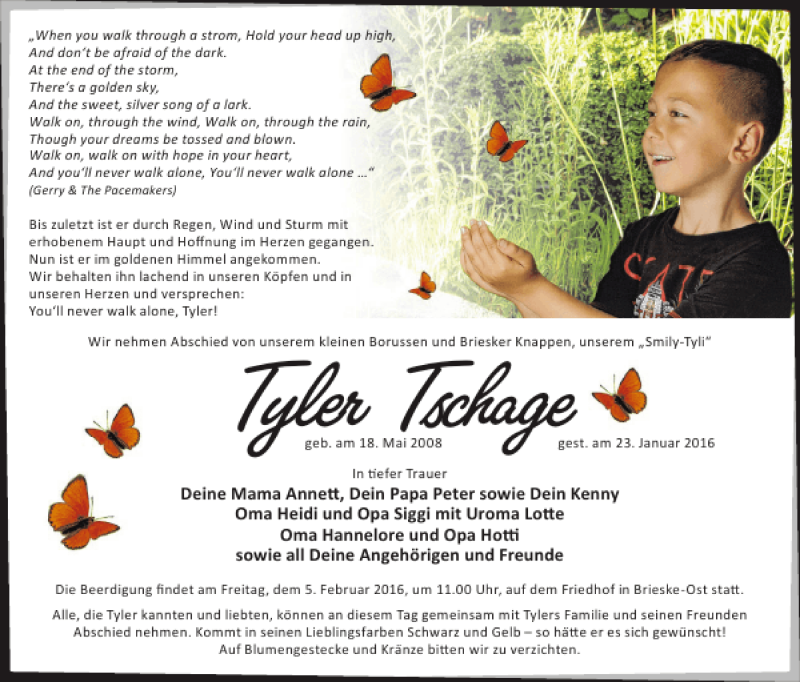  Traueranzeige für Tyler Tschage vom 27.01.2016 aus WochenKurier