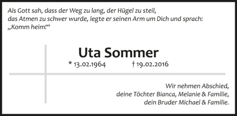  Traueranzeige für Uta Sommer vom 16.03.2016 aus WochenKurier