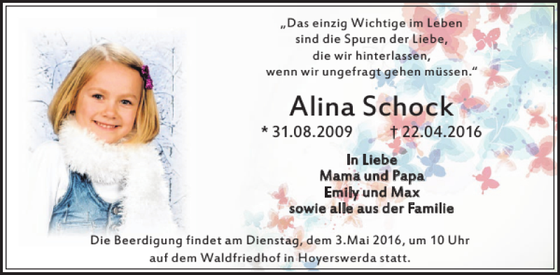  Traueranzeige für Alina Schock vom 30.04.2016 aus WochenKurier