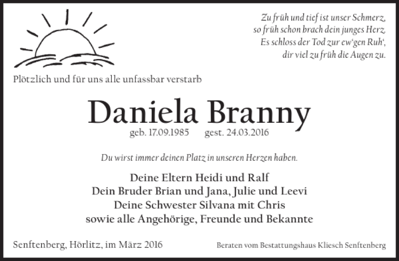  Traueranzeige für Daniela Branny vom 01.04.2016 aus Wochen Kurier