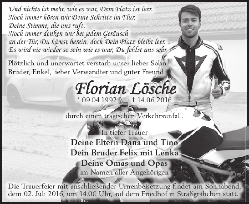  Traueranzeige für Florian Lösche vom 25.06.2016 aus WochenKurier