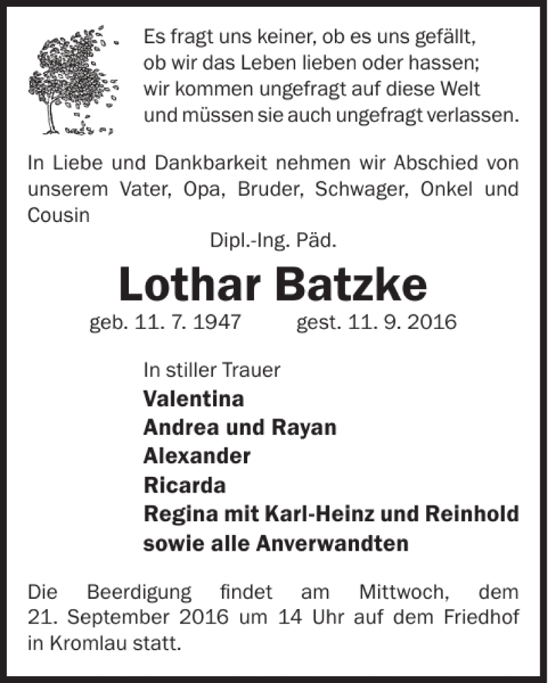  Traueranzeige für Lothar Batzke vom 17.09.2016 aus WochenKurier