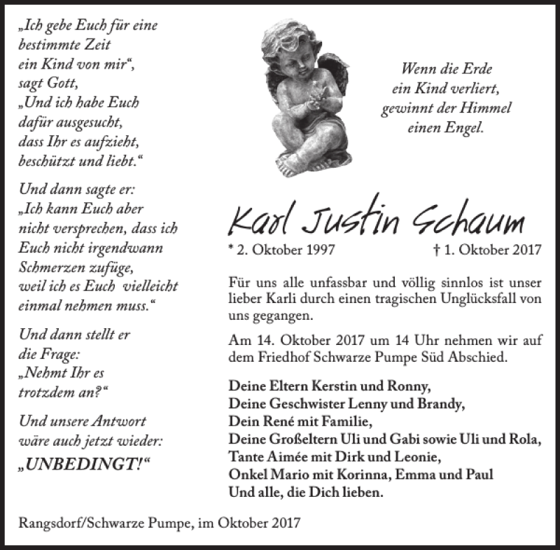  Traueranzeige für Karl Justin Schaum vom 13.10.2017 aus Wochen Kurier