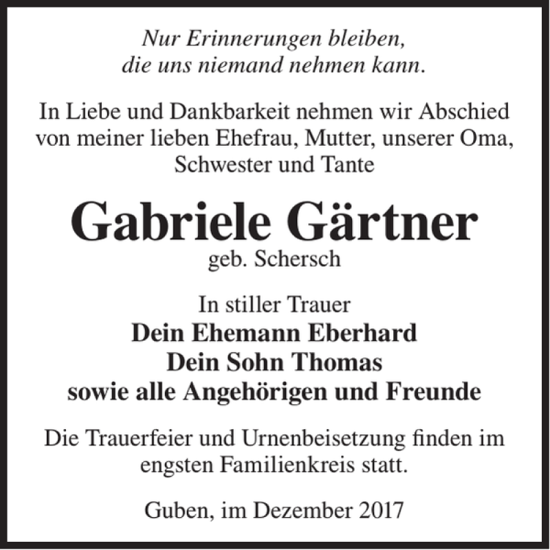  Traueranzeige für Gabriele Gärtner vom 29.12.2017 aus WochenKurier