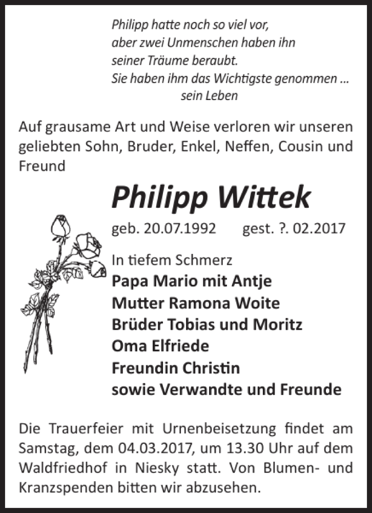  Traueranzeige für Philipp Wittek vom 01.03.2017 aus WochenKurier