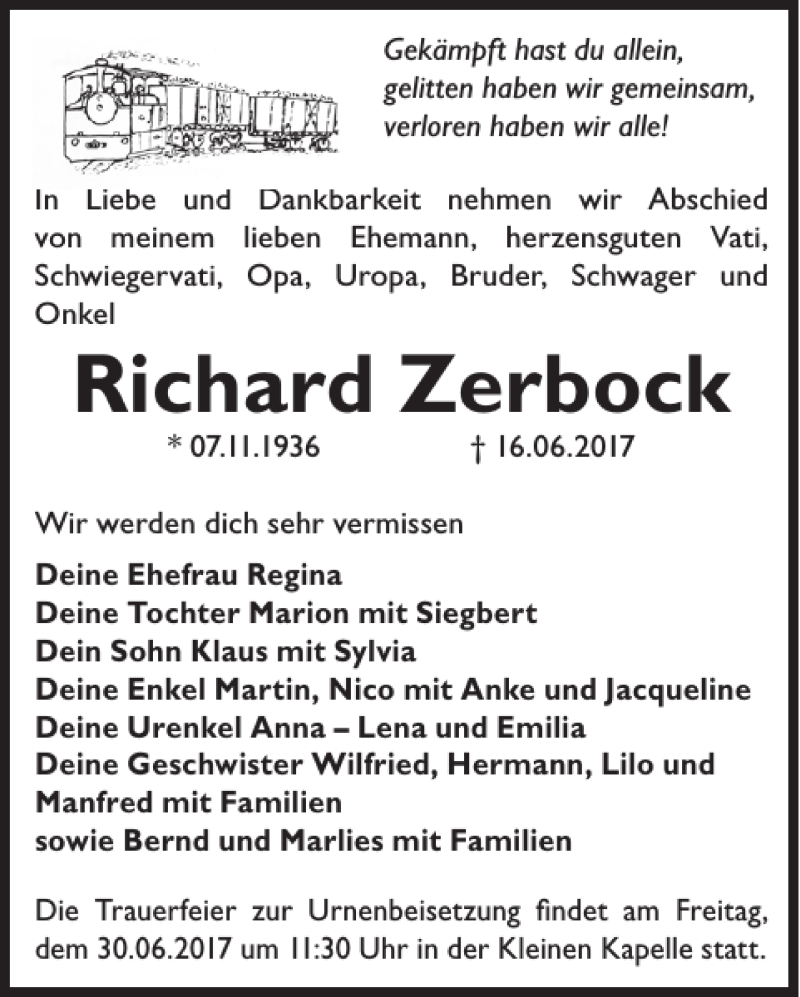  Traueranzeige für Richard Zerbock vom 23.06.2017 aus Wochen Kurier