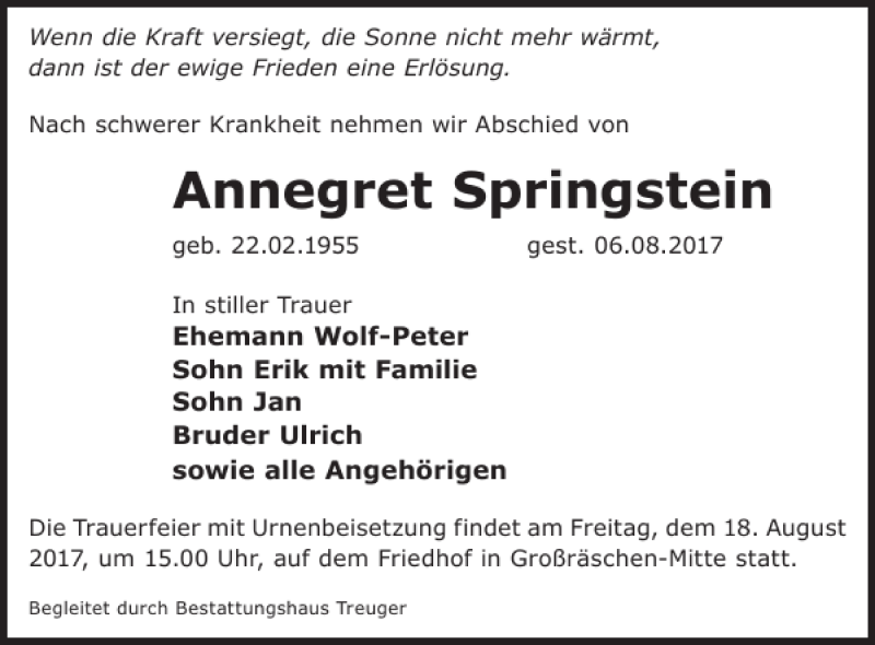  Traueranzeige für Annegret Springstein vom 11.08.2017 aus WochenKurier