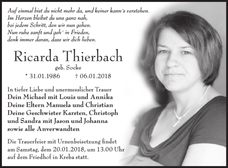  Traueranzeige für Ricarda Thierbach vom 17.01.2018 aus WochenKurier