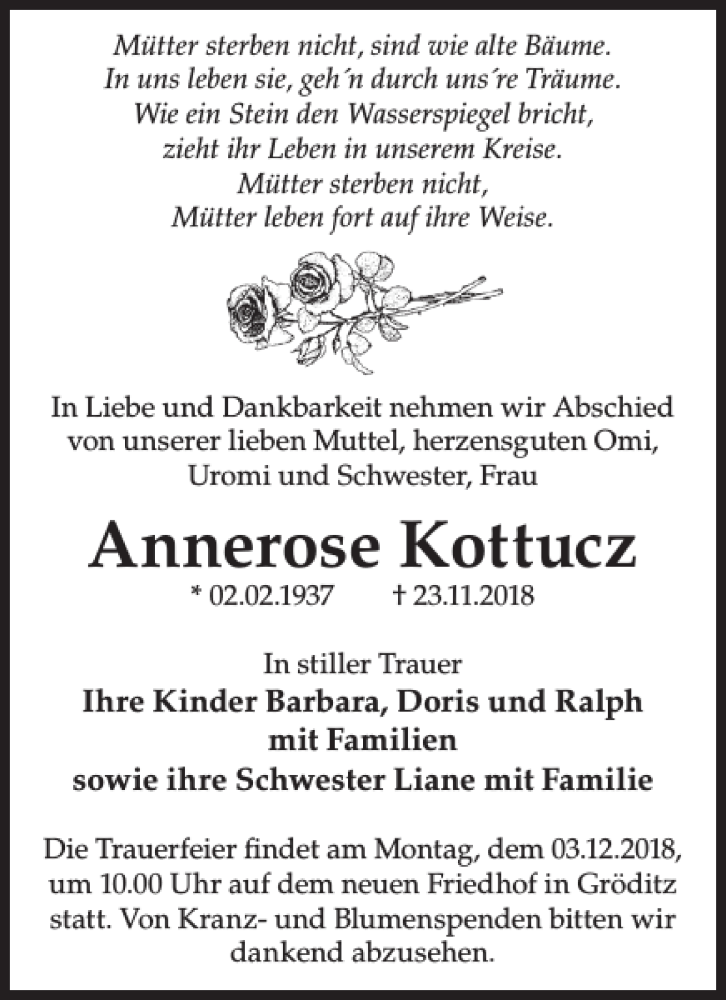  Traueranzeige für Annerose Kottucz vom 28.11.2018 aus Wochen Kurier
