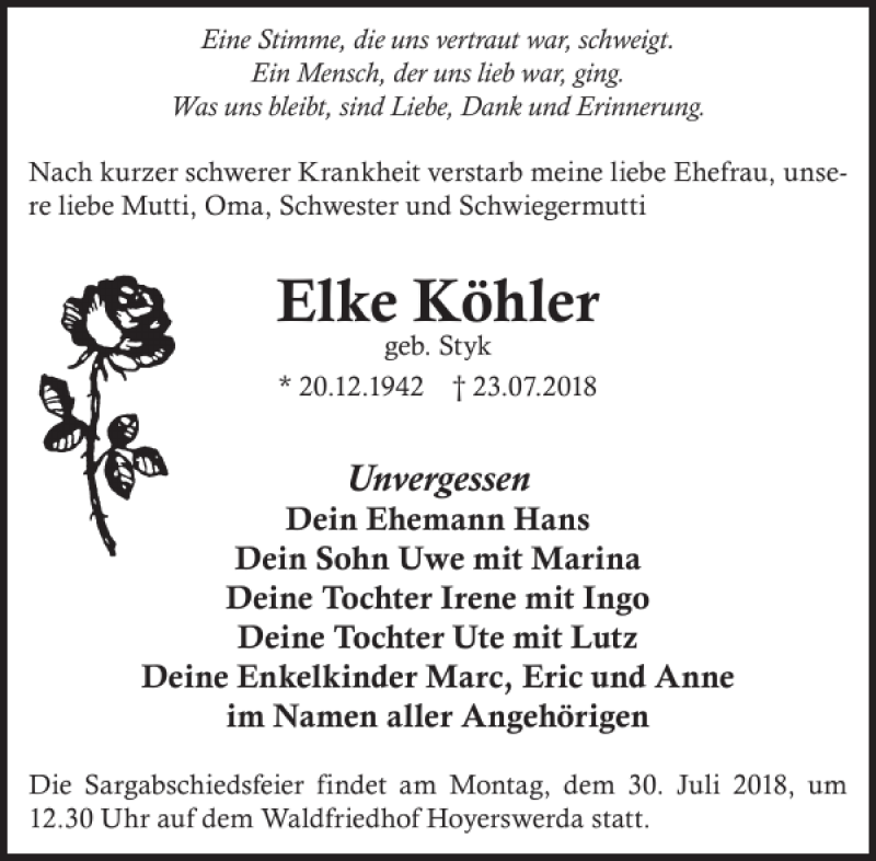  Traueranzeige für Elke Köhler vom 28.07.2018 aus WochenKurier