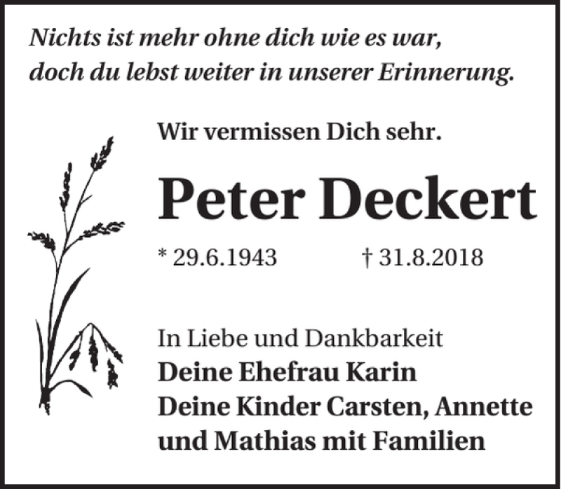  Traueranzeige für Peter Deckert vom 07.09.2018 aus WochenKurier