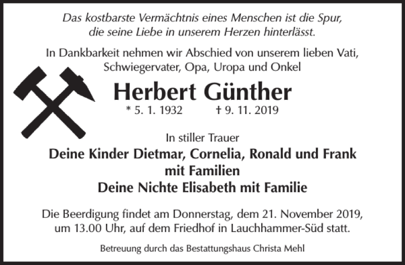  Traueranzeige für Herbert Günther vom 15.11.2019 aus Wochen Kurier
