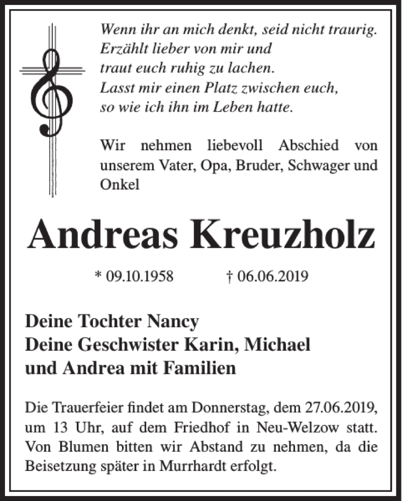  Traueranzeige für Andreas Kreuzholz vom 21.06.2019 aus Wochen Kurier
