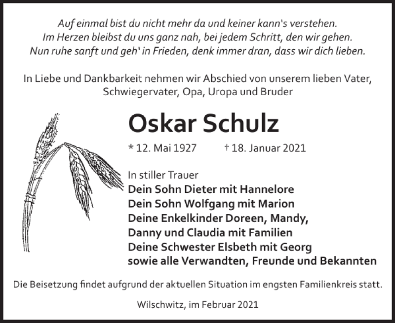  Traueranzeige für Oskar Schulz vom 27.01.2021 aus WochenKurier