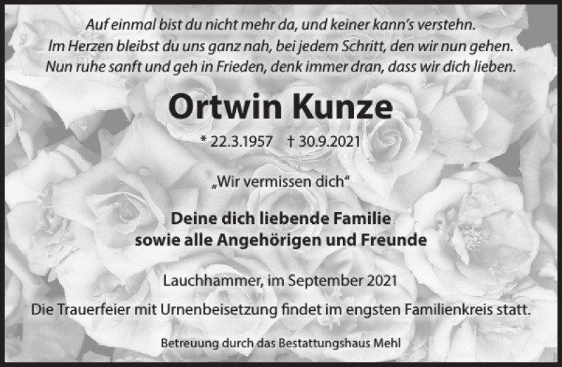  Traueranzeige für Ortwin Kunze vom 06.10.2021 aus Wochen Kurier