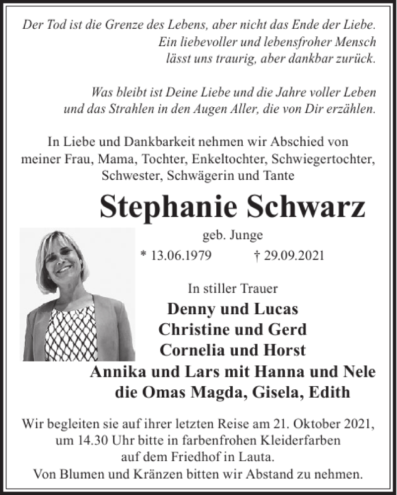  Traueranzeige für Stephanie Schwarz vom 09.10.2021 aus WochenKurier