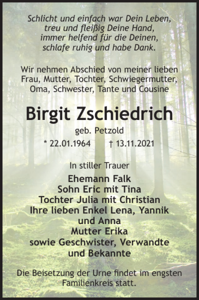  Traueranzeige für Birgit Zschiedrich vom 20.11.2021 aus Wochen Kurier