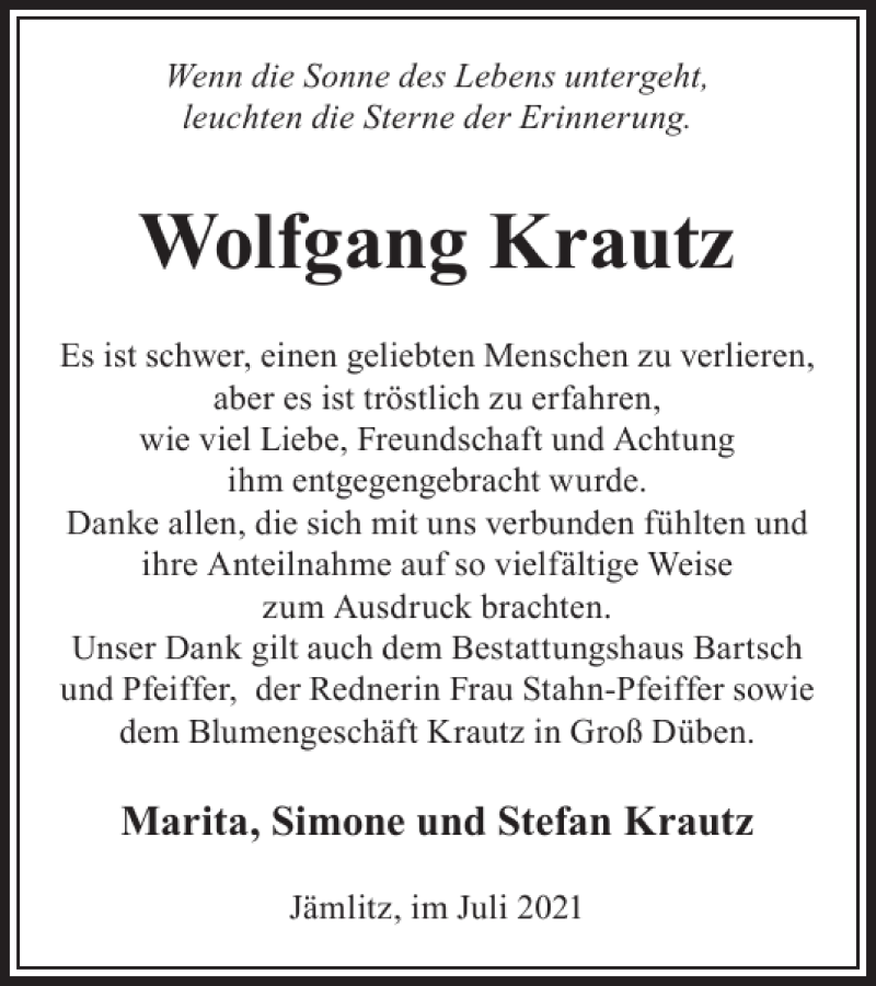  Traueranzeige für Wolfgang Krautz vom 28.07.2021 aus Wochen Kurier