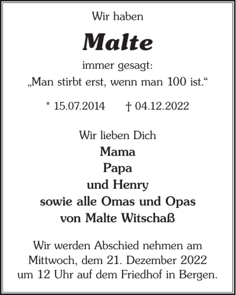  Traueranzeige für Malte  vom 10.12.2022 aus WochenKurier
