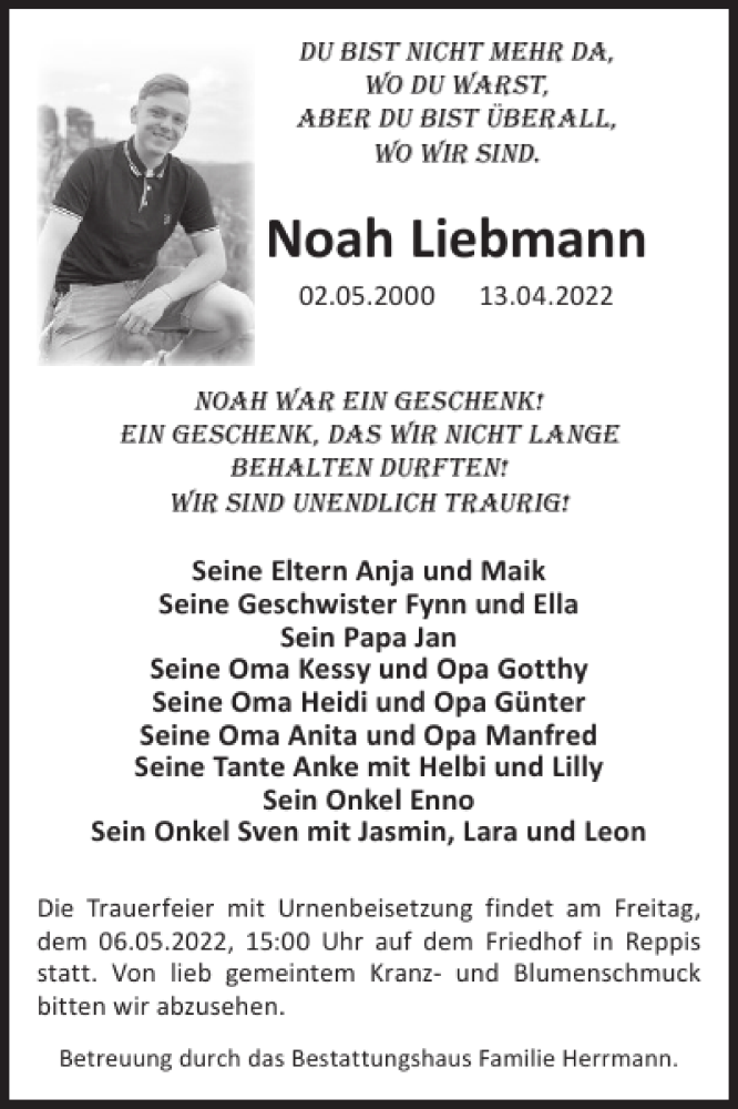  Traueranzeige für Noah Liebmann vom 30.04.2022 aus WochenKurier