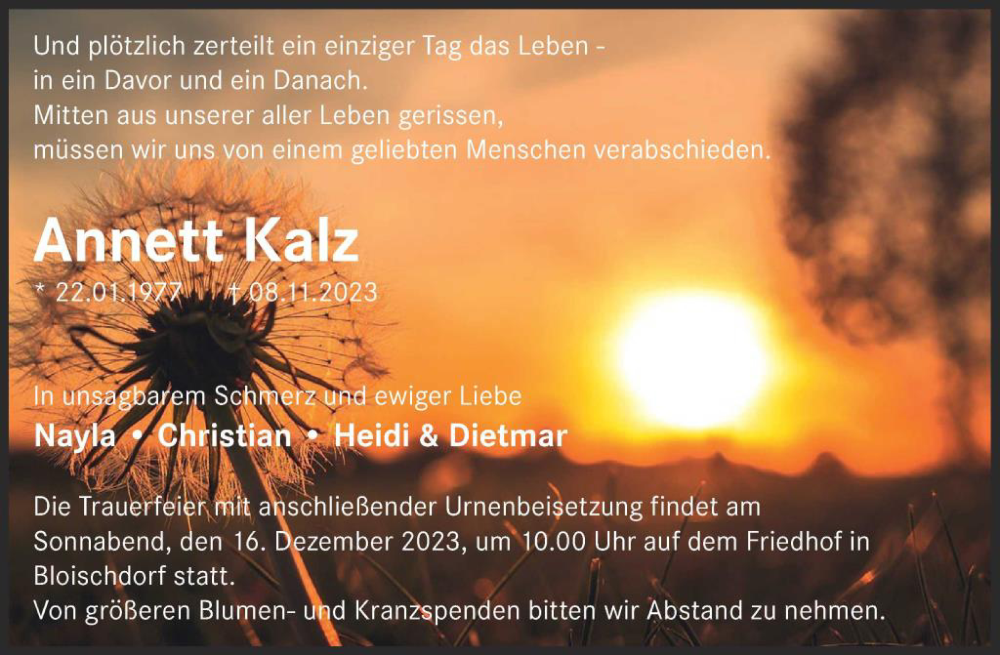  Traueranzeige für Annett Kalz vom 06.12.2023 aus WochenKurier