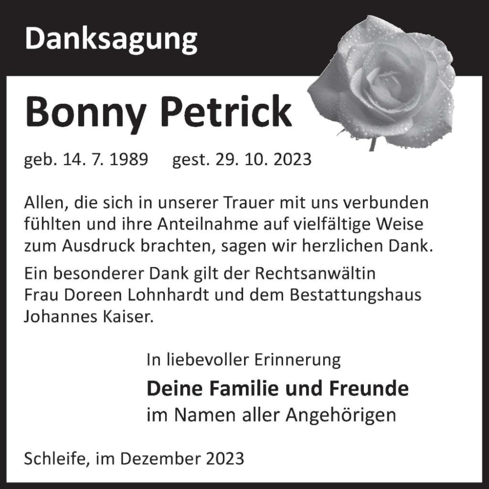  Traueranzeige für Bonny Petrick vom 16.12.2023 aus WochenKurier