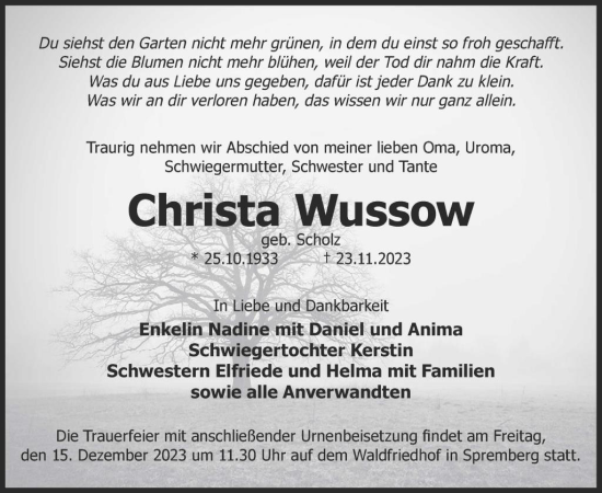 Traueranzeige von Christa Wussow von WochenKurier