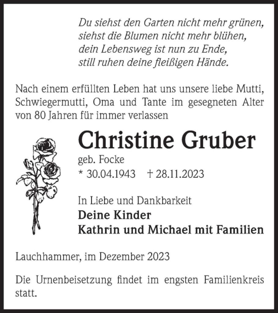 Traueranzeige von Christine Gruber von WochenKurier