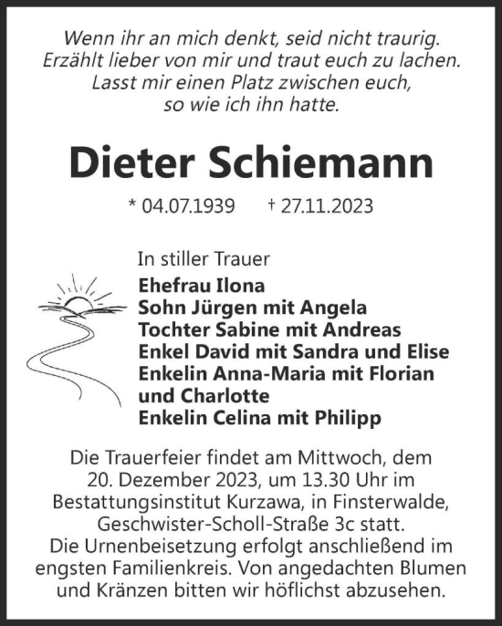 Traueranzeige von Dieter Schiemann von WochenKurier