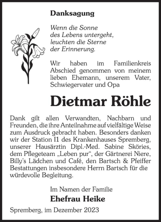 Traueranzeige von Dietmar Röhle von WochenKurier