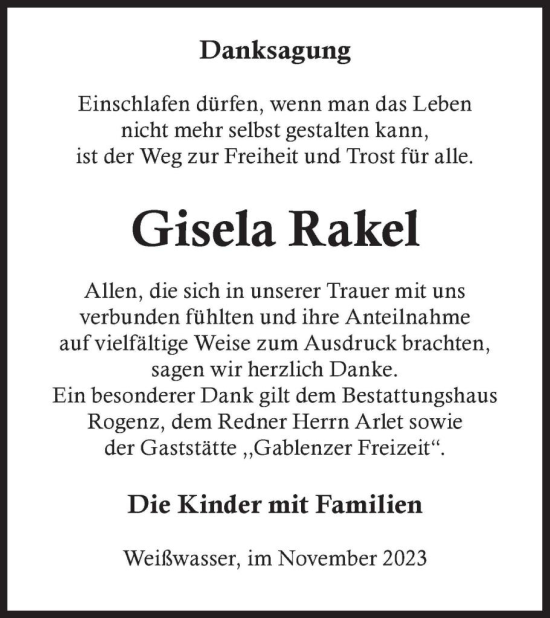 Traueranzeige von Gisela Rakel von WochenKurier