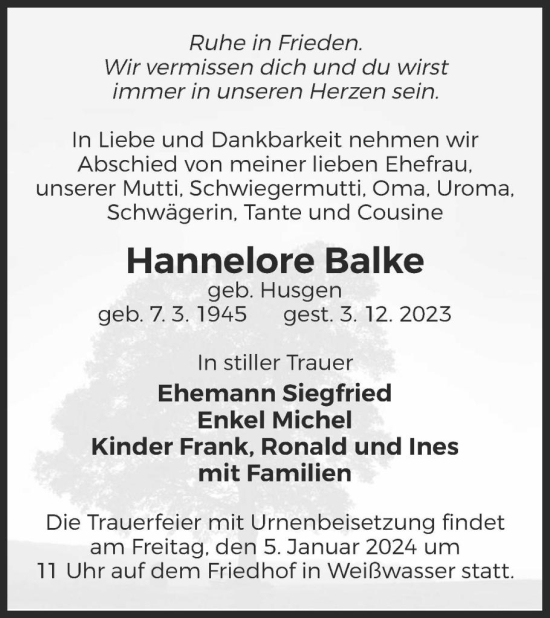 Traueranzeige von Hannelore Balke von WochenKurier