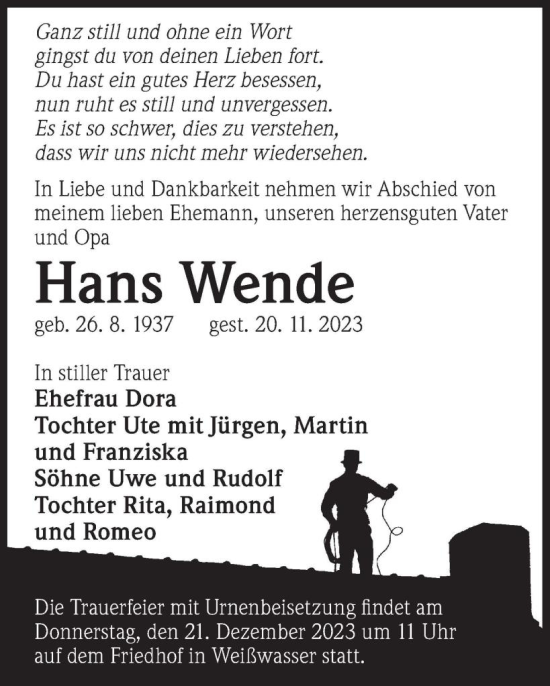 Traueranzeige von Hans Wende von WochenKurier