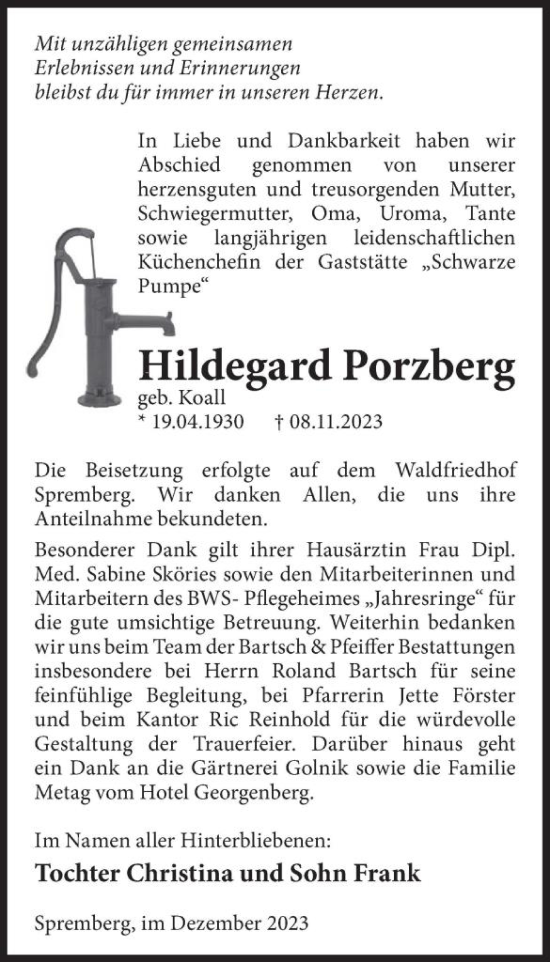 Traueranzeige von Hildegard Porzberg von WochenKurier