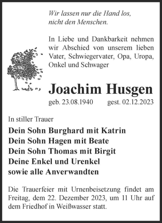 Traueranzeige von Joachim Husgen von WochenKurier