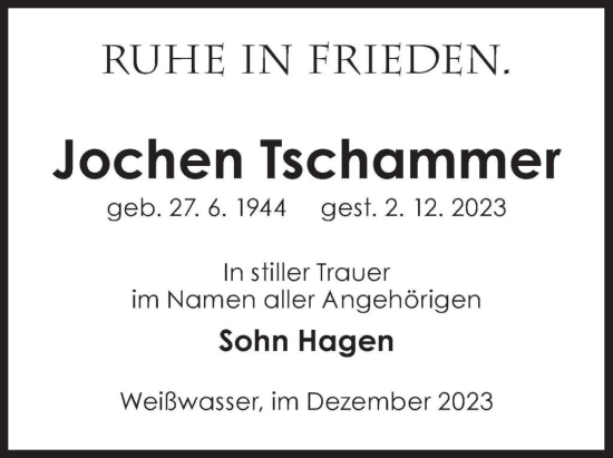 Traueranzeige von Jochen Tschammer von WochenKurier