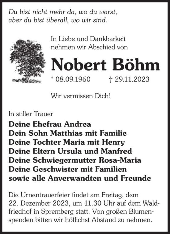 Traueranzeige von Norbert Böhm von WochenKurier