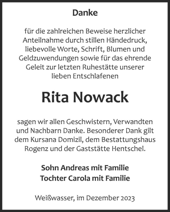 Traueranzeige von Rita Nowack von WochenKurier