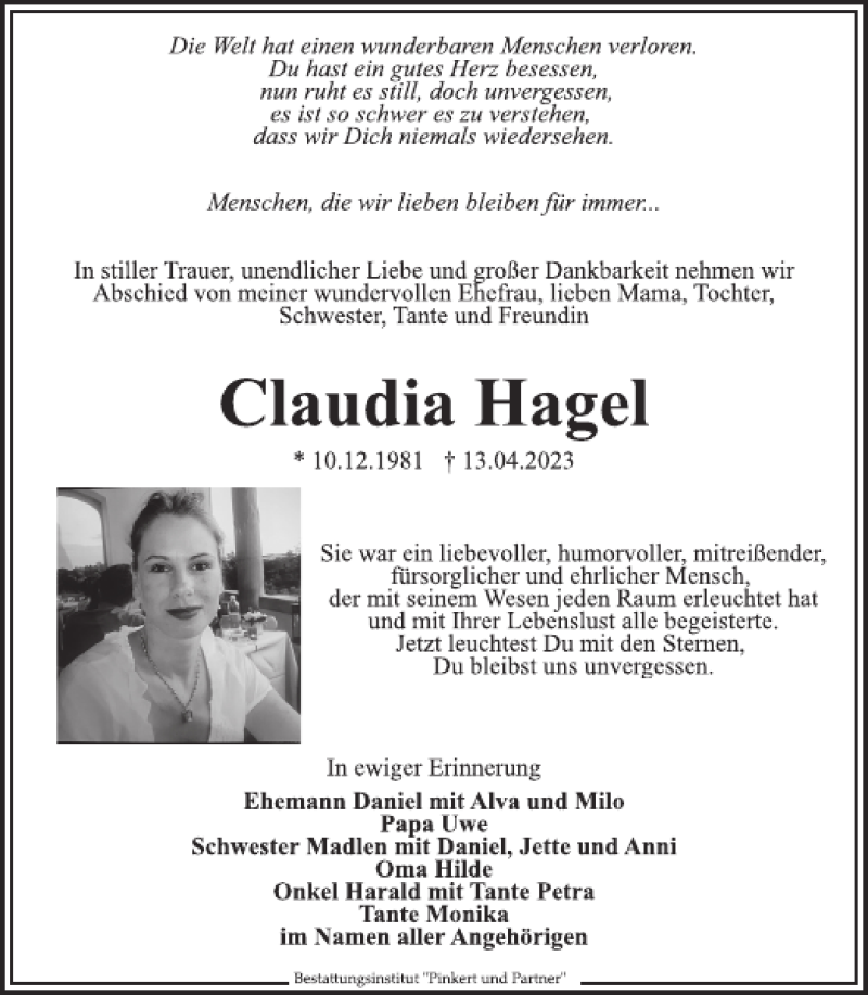  Traueranzeige für Claudia Hagel vom 22.04.2023 aus Wochen Kurier