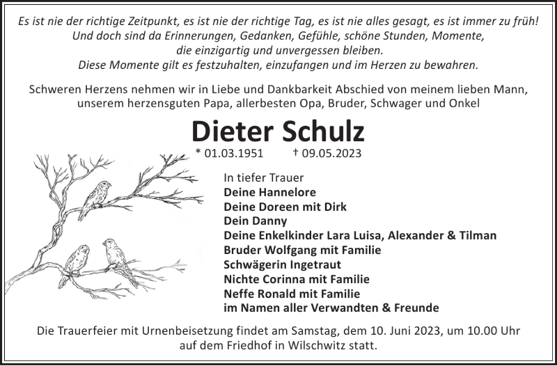  Traueranzeige für Dieter Schulz vom 24.05.2023 aus Wochen Kurier