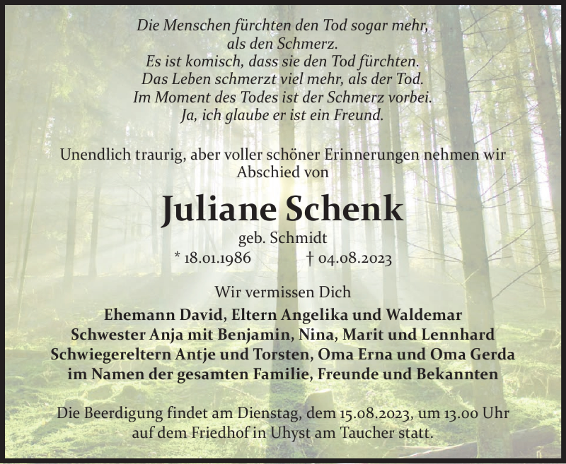  Traueranzeige für Juliane Schenk vom 12.08.2023 aus Wochen Kurier